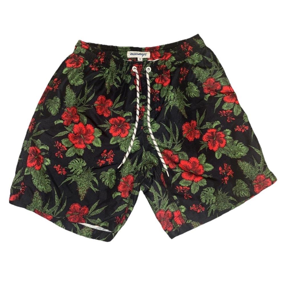 Maamgic Mens Swim Trunks Medium Floral Hibiscus Tropical Mesh Lined‎ Black Red